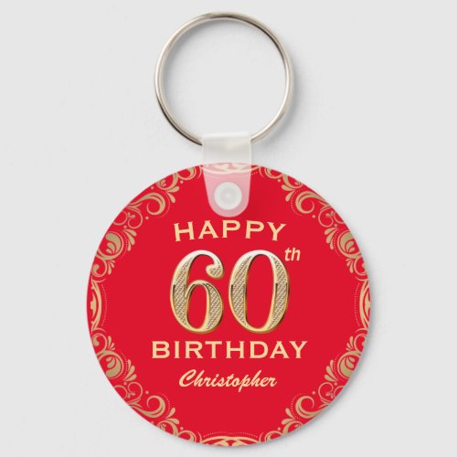 60th Birthday Party Red and Gold Glitter Frame Keychain