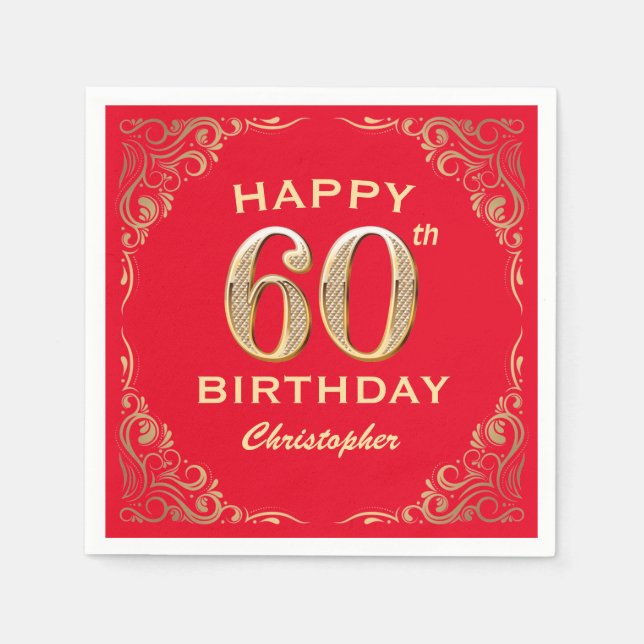 60th Birthday Party Red and Gold Glitter Frame Napkins (Front)