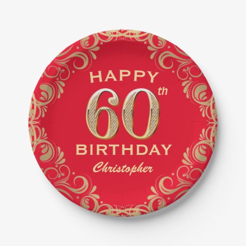 60th Birthday Party Red and Gold Glitter Frame Paper Plates