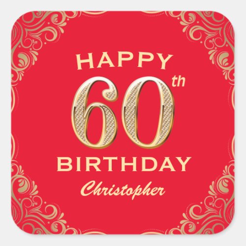 60th Birthday Party Red and Gold Glitter Frame Square Sticker