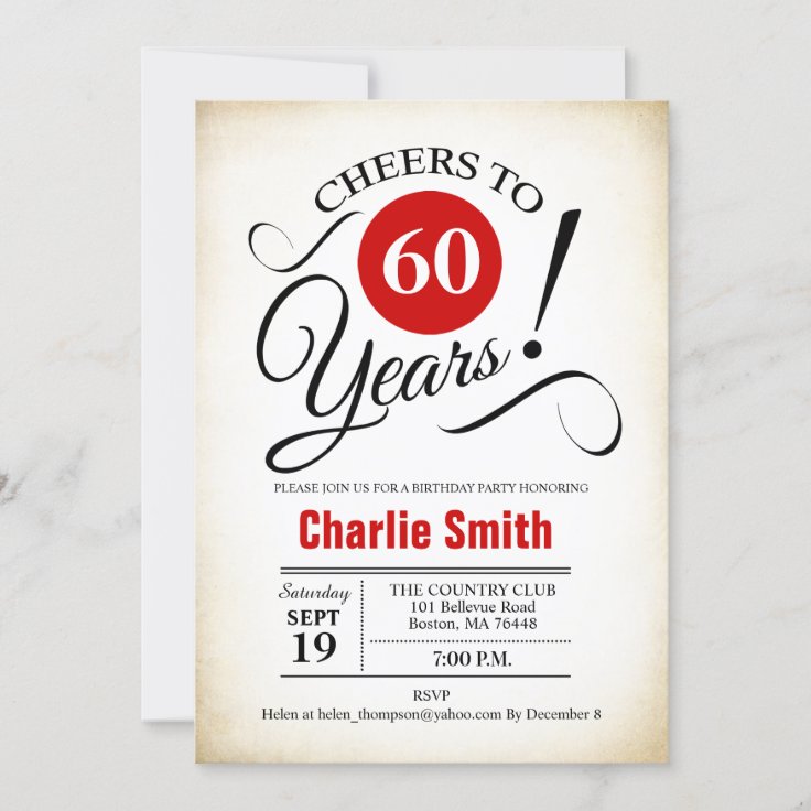 60th Birthday Party - Red Black White Invitation | Zazzle