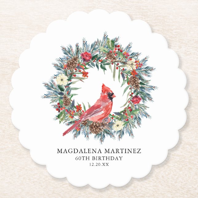 60th Birthday Party Red Cardinal Wreath Custom Paper Coaster (Front)