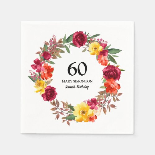 60th Birthday Party Red Orange Yellow Fall Floral Napkins