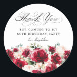 60th Birthday Party Red Pink Floral Thank You Classic Round Sticker<br><div class="desc">Add a special touch to your 60th birthday party favors with this elegant round thank you sticker. It features a watercolor red rose and pink peony floral border along the bottom. Dark green leaves give it a rustic botanical vibe. Thank you is written in a beautiful classic script. Two lines...</div>