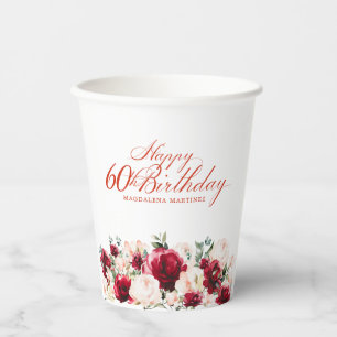 60th Birthday Party Red Rose Pink Peony Custom Paper Cups