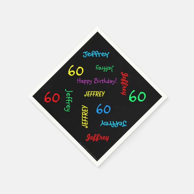 60th Birthday Party Repeating Names Black Paper Napkins (Corner)