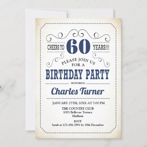 60th Birthday Party _ Retro Creamy White and Navy Invitation