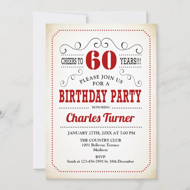 60th Birthday Party - Retro Creamy White and Red Invitation (Front)