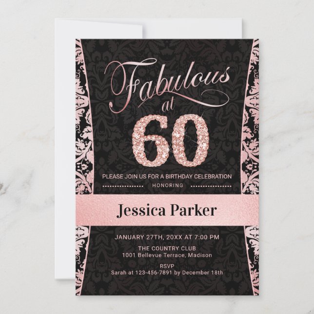 60th Birthday Party - Rose Gold Black Invitation (Front)