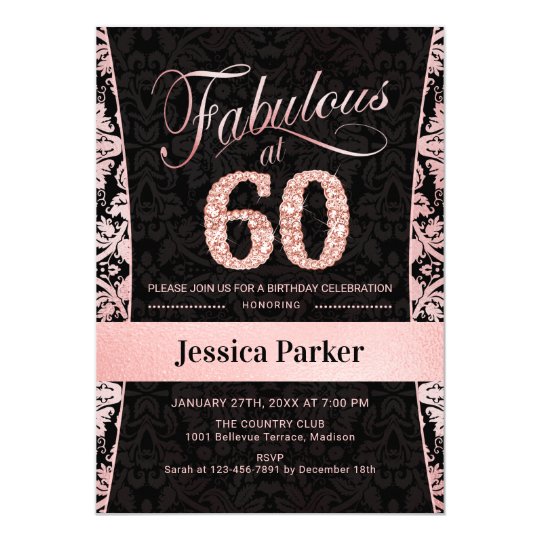 60th Birthday Party - Rose Gold Black Invitation | Zazzle.com