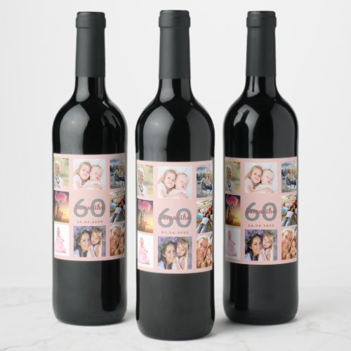 60th birthday party rose gold blush photo collage wine label