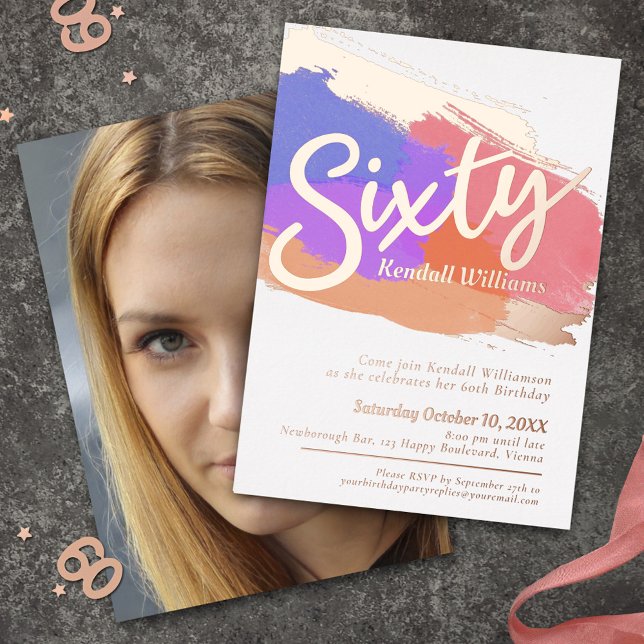 60th Birthday party rose gold foil photo abstract Invitation (Creator Uploaded)
