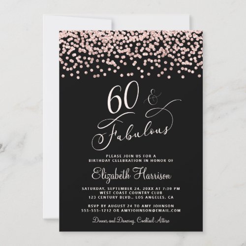 60th Birthday Party Rose Gold Glitter Black Invitation