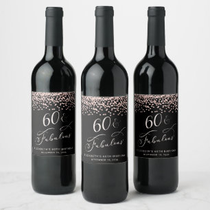 60th Birthday Party Rose Gold Glitter Black Wine Label