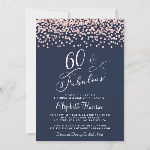 60th Birthday Party Rose Gold Glitter Blue Invitation
