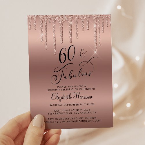 60th Birthday Party Rose Gold Glitter Invitation