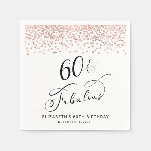 60th Birthday Party Rose Gold Glitter Napkins (Front)