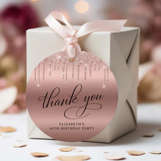 60th Birthday Party Rose Gold Glitter Thank You Favor Tags | Zazzle