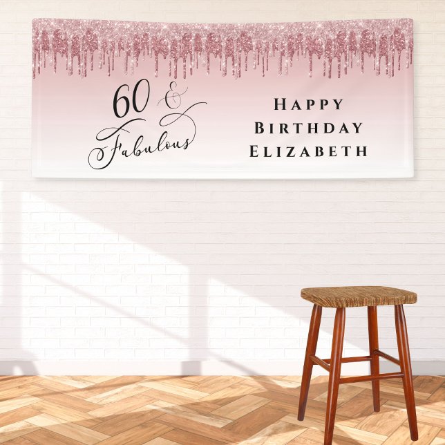 60th Birthday Party Rose Gold Pink Glitter Banner (Creator Uploaded)