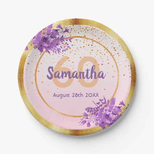 60th birthday party rose gold purple florals name paper plates