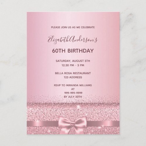 60th birthday party rose gold sparkle invitation postcard