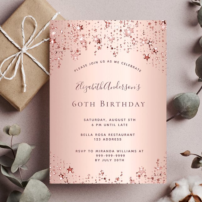 60th birthday party rose gold stars sprinkle invitation (Creator Uploaded)