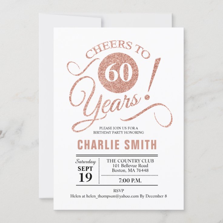 60th Birthday Party - Rose Gold White Invitation | Zazzle