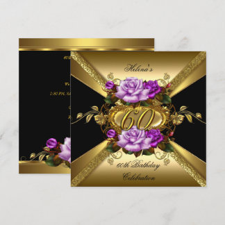 60th Birthday Party Roses Purple Gold Black Invitation
