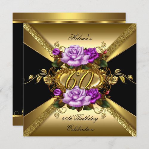 60th Birthday Party Roses Purple Gold Black Invitation