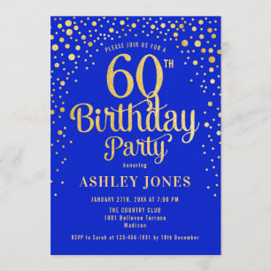 60th Birthday Party - Royal Blue & Gold Invitation