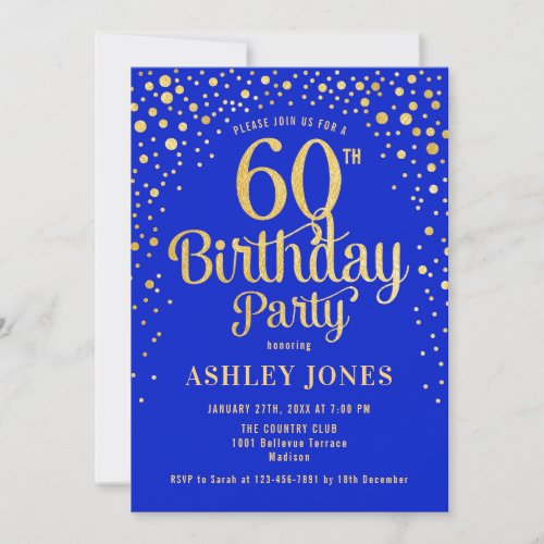 60th Birthday Party _ Royal Blue  Gold Invitation