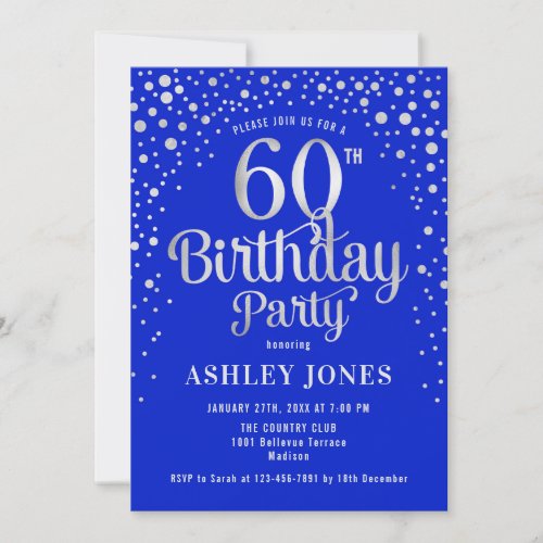 60th Birthday Party _ Royal Blue  Silver Invitation