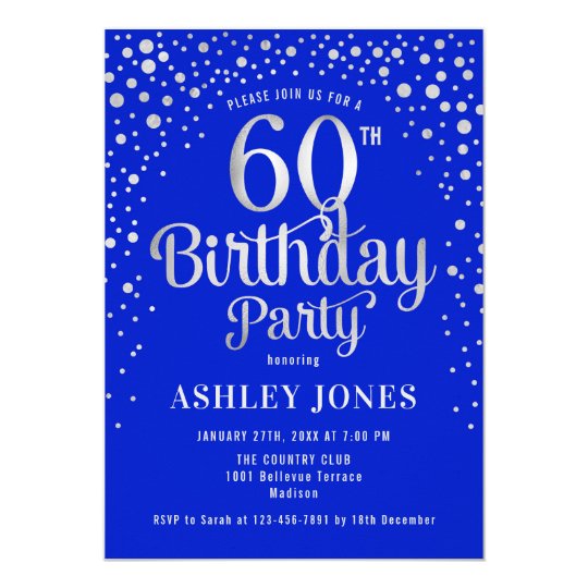 60th Birthday Party - Royal Blue & Silver Invitation | Zazzle.com