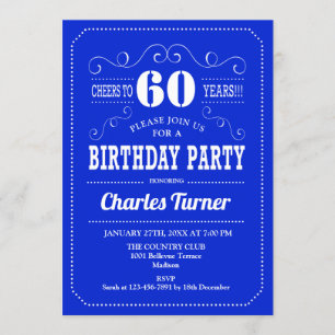 60th Birthday Party - Royal Blue White Invitation