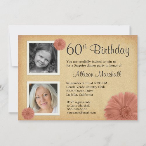 60th Birthday Party Rustic Daisy 2 Photo Invites