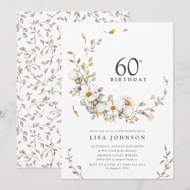 60th Birthday Party Rustic Watercolor Wildflower  Invitation (Front/Back)