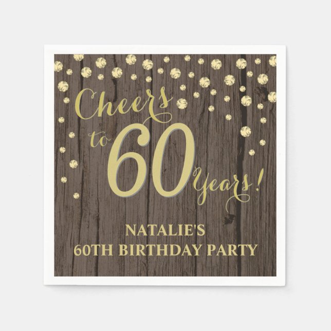 60th Birthday Party Rustic Wood and Gold Diamond N Napkins (Front)