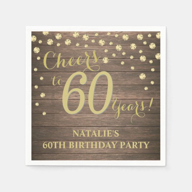 60th Birthday Party Rustic Wood and Gold Diamond Napkins (Front)