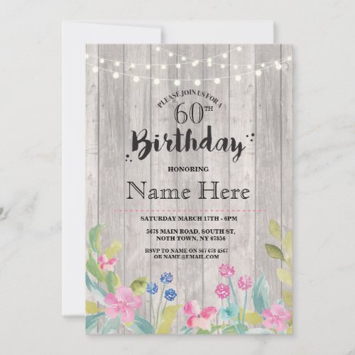 60th Birthday Party Rustic Wood Floral 40th Invite