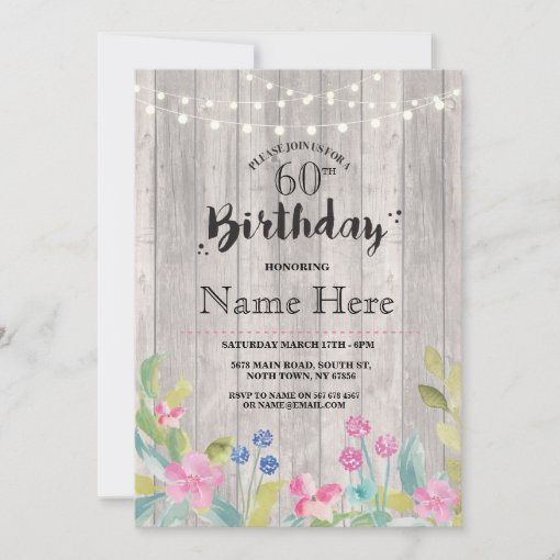 60th Birthday Party Rustic Wood Floral 40th Invite | Zazzle