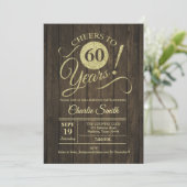 60th Birthday Party - Rustic Wood Gold Invitation (Standing Front)