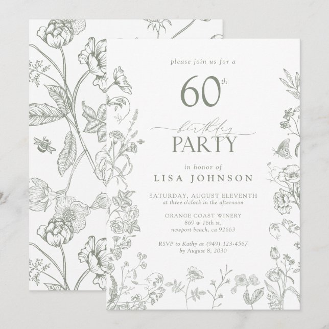 60th Birthday Party Sage Green Victorian Floral Invitation (Front/Back)