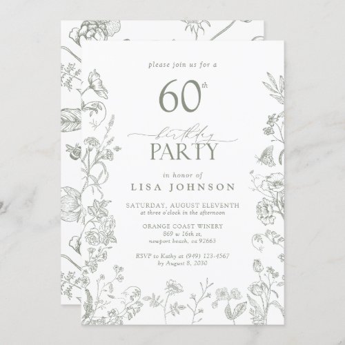 60th Birthday Party Sage Green Victorian Floral Invitation