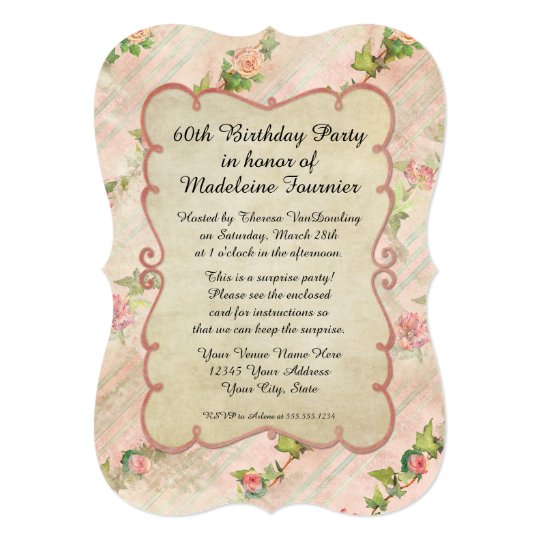 60th Birthday Party Scroll Frame w Vintage Roses ...