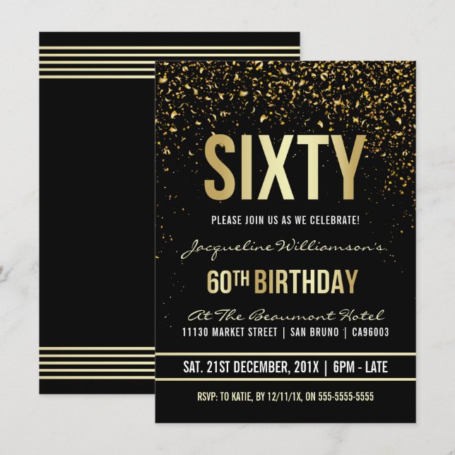 60th Birthday Party | Shimmering Gold Confetti Invitation (Front/Back)