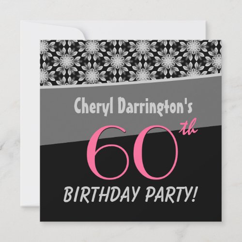60th Birthday Party Silver and Black Floral B531 Personalized Invitation