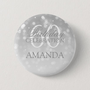 60th Birthday Party Silver Bokeh Sparkle Lights Pinback Button