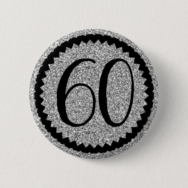 60th Birthday Party Silver Glitter Classic Button (Front)