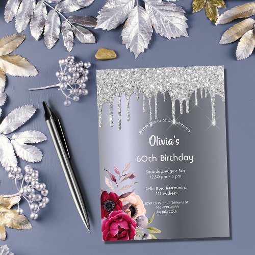 60th birthday party Silver glitter drip invitation Postcard