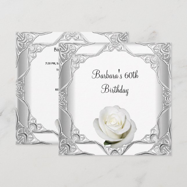 60th Birthday Party Silver Lace White Rose 2 Invitation (Front/Back)